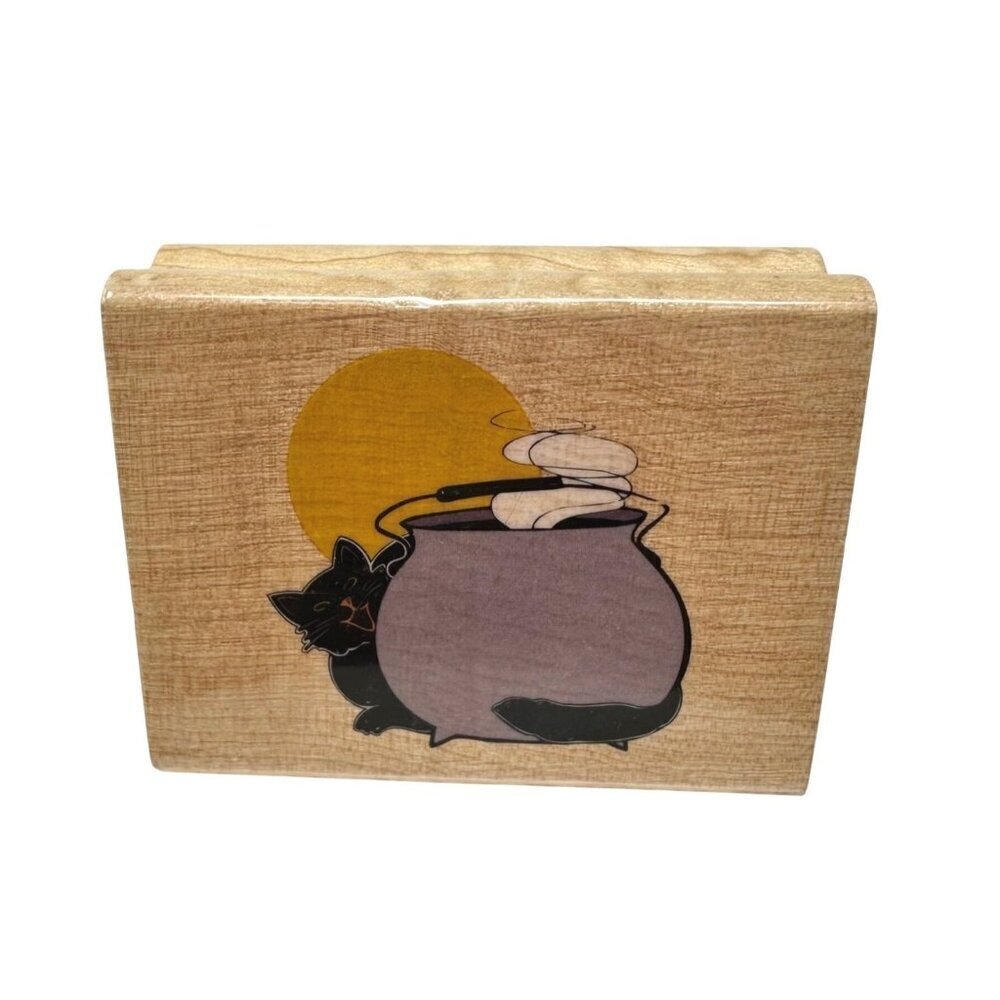 Halloween Black Cat Cauldron Wooden Rubber Stamp Spooky Witchy Card Making